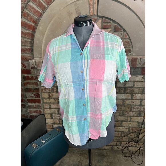 Eddie Bauer shirt button up plaid pink green blue - Picture 1 of 9